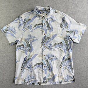 Tommy Bahama XL Tropical Leaf Button‑Up Camp Collar Shirt Light Blue Green White